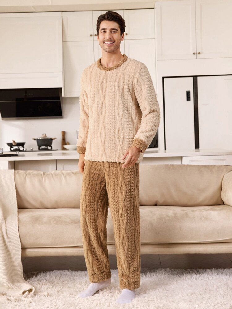 CoupledUp 男士秋冬毛絨拼接配色長袖上衣與長褲居家休閒套裝 - 杏色 - 查看 2