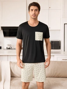 CoupledUp Men's Heart Print Front Pocket Crew Neck Casual Pajama Set, 2 Pieces - Black - View 2
