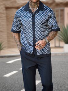 Manfinity Homme 男士菱格紋印花單排扣襯衫與口袋長褲套裝 - 藏蓝色 - 查看 3