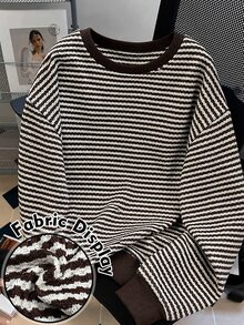 Modelyn 女款條紋圓領寬鬆落肩羅紋下擺休閒日常通勤百搭衛衣，秋冬款 - 彩色 - 查看 7