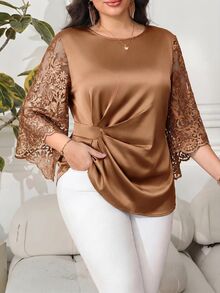 Reflora Plus Size Vintage Embroidered Pleated Asymmetrical Hem Shirt - Brown - View 1