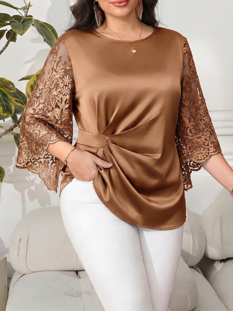 Reflora Plus Size Vintage Embroidered Pleated Asymmetrical Hem Shirt - Brown - View 1