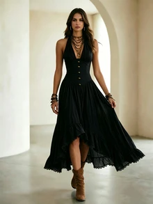 Everyssa Women's Solid Color Pleated Slit Design Casual Sexy Party Vacation Night Out Gathering Halter Neck Dress Halloween Black Summer - Black - View 4
