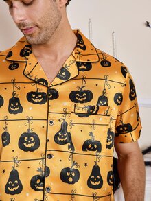 CoupledUp Cartoon Halloween Element Print Faux Silk Men's Pajama Set - Orange - View 7