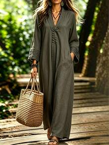 Omancia Women's Long Sleeve Button-Up Loose Fit Dress - Black - View 6