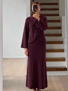 Aloruh Women's Ruyi Button Knit Sweater & Skirt Set - Burgundy - View 8
