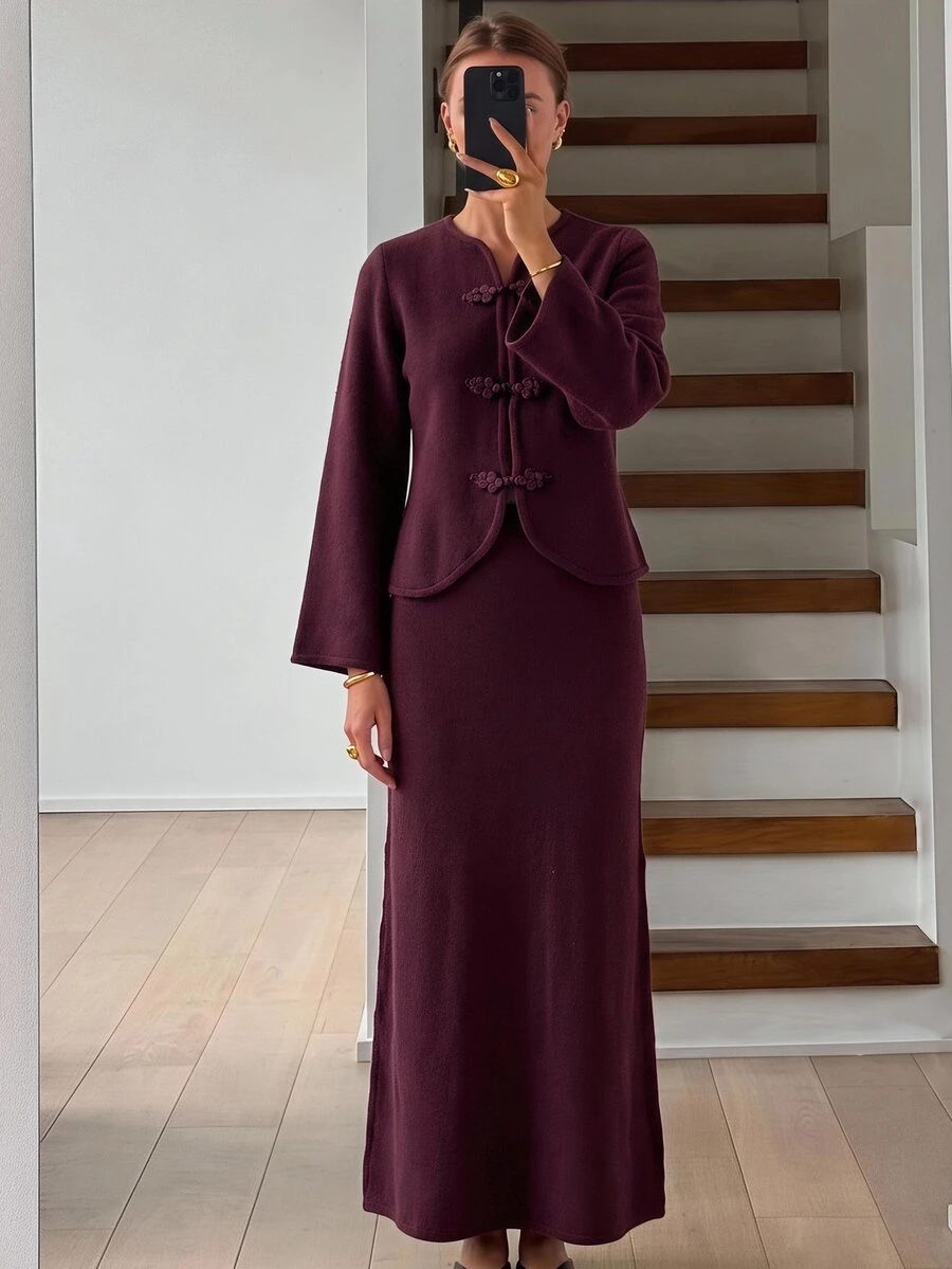 Aloruh Women's Ruyi Button Knit Sweater & Skirt Set - Burgundy - View 1