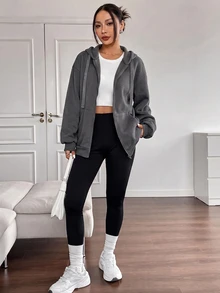 SHEIN EZwear 休閒運動灰色開襟連帽大尺碼夾克 - 深灰色 - 查看 5