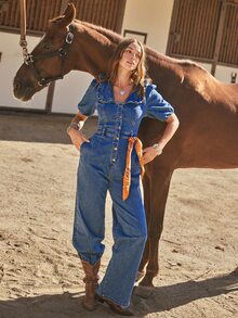WESTFADE Ruffle Collar Button Front Puff Sleeve Wide Leg Denim Jumpsuit, Fall Winter 2026 Western Style Cowgirl Clothing, Rodeo, Female Country Look, Autumn - Medium Wash - View 4