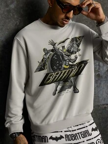 BATMAN X SHEIN Men's Cartoon Print Pullover Sweatshirt And Letter Print Pants Set - Grey - View 8