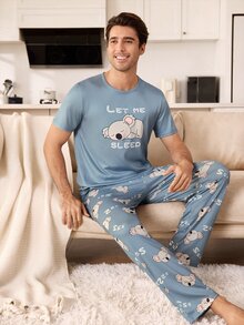 CoupledUp Men's Knit Crew Neck Short Sleeve Long Pants Star & Moon Print Pajama 2 Pieces Set - Multicolor - View 5