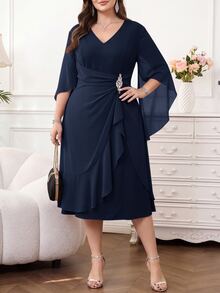 SHEIN Clasi Plus Size Elegant Commuter Rhinestone Decorated Ruffle Hem Dress - Navy Blue - View 8