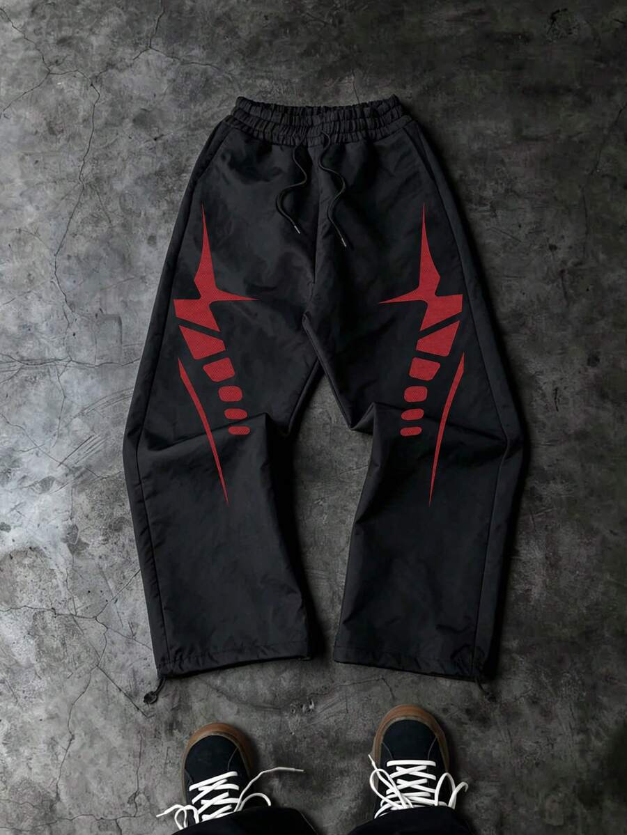 Sport MetroGents 男士幾何印花抽繩腰寬鬆運動長褲 - 黑色 - 查看 1