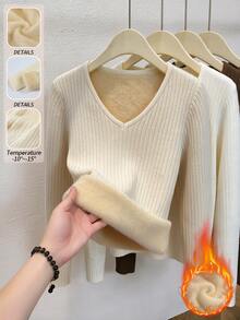 SHEIN Autumn Winter Slim Fit Simple Loungewear V Neck Integrated Fleece Women Casual Base Layer Knit Sweat - Apricot - View 3