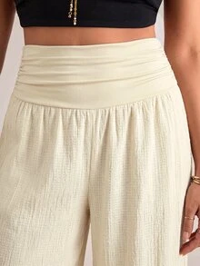 Freevana Plus Size Women Solid Color Pleated Casual Versatile Daily Wear Long Pants - Apricot - View 4