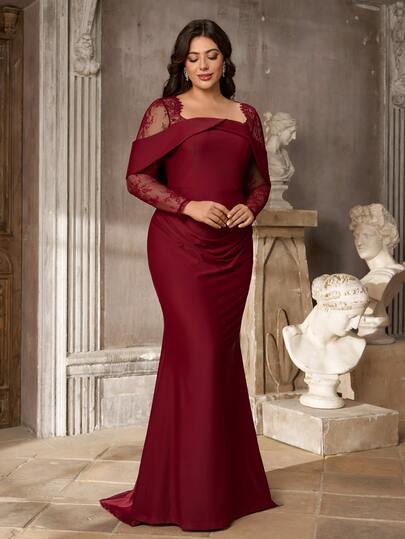 Elitara Plus Size Grey Green Elegant Glossy Mesh Boat Neck Cinched Waist Ruched Mermaid Hem Dress Suitable For Date Single Party Wedding Event Evening Banquet Bridesmaid Dress