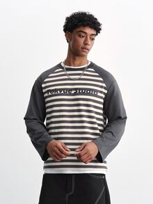 TOKVUE Men's Young American Style Striped Minimalist Letter Print Loose Casual Daily Commute Date Holiday Colorblock Patchwork Long Sleeve T-Shirt Top - Grey - View 1