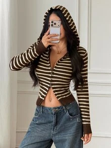 SHEIN PETITE Women's Petite Multi-Colored Striped Warm Cardigan Sweater For Casual Workwear - Brown - View 7