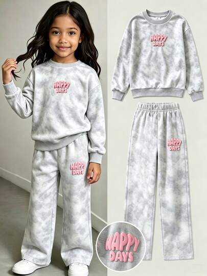 Genkimix Kids Girls (Small) HAPPY DAYS 3D Letter Print Crew Neck Sweatshirt & Wide Leg Pants 2 Pieces Set, Soft Skin-Friendly Loose Drop Shoulder Casual Sports Outfit, Minimalist Korean Style, Versatile For School, Commute, Home, Travel, Daily Wear, Autumn/Winter
