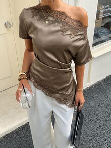 Aloruh Women's Commuter Asymmetric Shoulder Ruched Lace Patchwork Blouse - Mocha Brown - View 1
