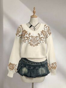 Elamini 復古休閒百搭V領提花針織衫 - 彩色 - 查看 3