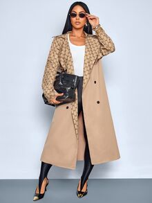 SOLERSUN Spliced Long Trench Coat Double Breasted Windbreaker Loose Oversized Business Casual Elegant Outerwear Daily Commute Autumn Streetwear Office Beige - Brown - View 10