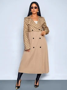 SOLERSUN Spliced Long Trench Coat Double Breasted Windbreaker Loose Oversized Business Casual Elegant Outerwear Daily Commute Autumn Streetwear Office Beige - Brown - View 5