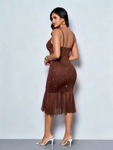 SOLERSUN Women Coffee Brown Glitter Ruched Bodycon Midi Dress Spaghetti Strap Cowl Neck Tie Front Sheer Mesh Ruffle Hem Cocktail Summer Sexy Elegant - Coffee - View 2