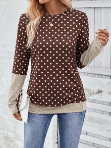 SHEIN LUNE Autumn New Multi-Color Small Round Neck Long Sleeve Colorblock Side Pleated Button Brown Polka Dot Casual Comfortable Women's T-Shirt - Multicolor - View 1