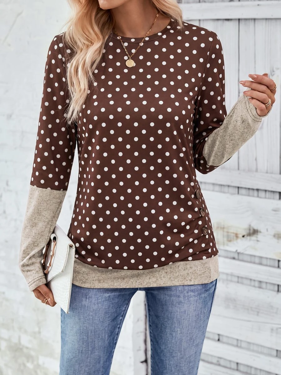 SHEIN LUNE Autumn New Multi-Color Small Round Neck Long Sleeve Colorblock Side Pleated Button Brown Polka Dot Casual Comfortable Women's T-Shirt - Multicolor - View 1