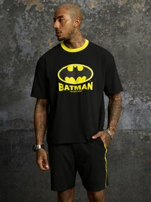 BATMAN X SHEIN Men's Cartoon Pattern Print Contrast Color Short Sleeve T-Shirt - Black - View 1