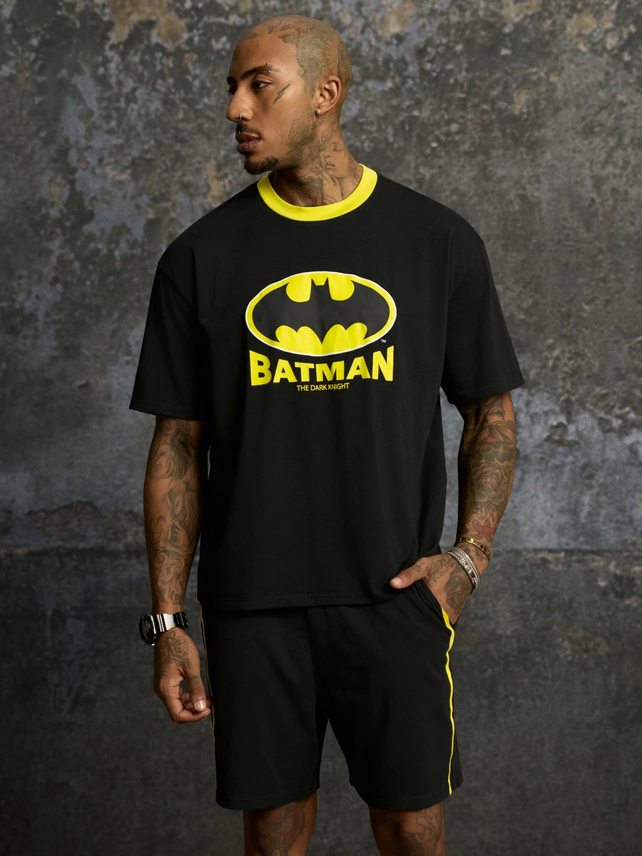 BATMAN X SHEIN Men's Cartoon Pattern Print Contrast Color Short Sleeve T-Shirt - Black - View 1