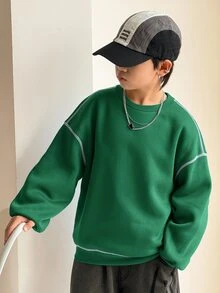 SHEIN 青少年男孩休閒韓系寬鬆百搭對比縫線聖誕綠圓領衛衣，適合通勤、上學、日常休閒外出與運動，秋冬款 - 墨綠色 - 查看 6