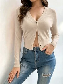 SHEIN Cárdigan casual versátil de unicolor para otoño/invierno - Albaricoque - Ver 5