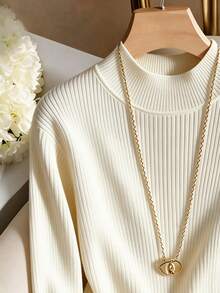 SHEIN Franclia French Style Semi-High Neck Ribbed Knit Base Layer Top For Women, Contrast Color Ribbed Cuffs With Gold Buttons, Slim Fit Commuter Elegant Long Sleeve Innerwear - Apricot - View 5