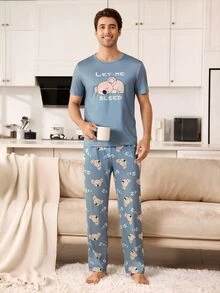 CoupledUp Men's Knit Crew Neck Short Sleeve Long Pants Star & Moon Print Pajama 2 Pieces Set - Multicolor - View 4