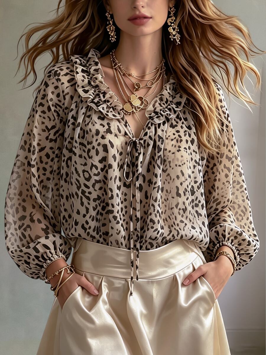SHEIN بلوزة نسائية بطبعة نمر وكشكشة بأسلوب فرنسي عتيق أنيق - كاكي - مشاهدة 1