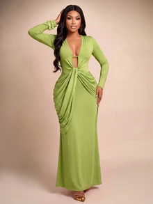 Brilight Sxy Maxi Bodycon Dress Front Knot Ruched Draped Slim Midi Dress For Cocktail Party Wedding Guest Dat - Green - View 5