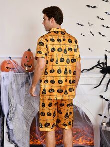 CoupledUp Cartoon Halloween Element Print Faux Silk Men's Pajama Set - Orange - View 5