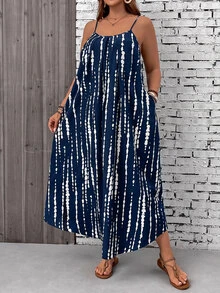 SHEIN VCAY Plus Size Tree Print Strap Vacation Dress - Navy Blue - View 3