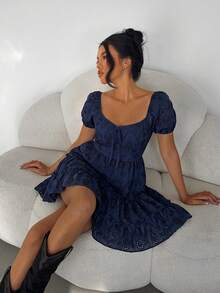 Siren Gaze Gaun Mini Bordir Tenun Wanita, Gaun Peri - Navy Blue - View 1