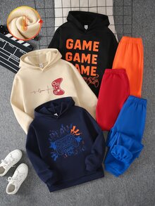 SHEIN 6件組兒童青少年男孩休閒日常百搭舒適遊戲機印花圖案連帽套頭鬆身運動衫與鬆身慢跑褲針織兩件套 抓絨內裡加厚運動套裝 - 彩色 - 查看 4