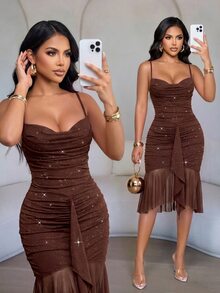 SOLERSUN Women Coffee Brown Glitter Ruched Bodycon Midi Dress Spaghetti Strap Cowl Neck Tie Front Sheer Mesh Ruffle Hem Cocktail Summer Sexy Elegant - Coffee - View 4