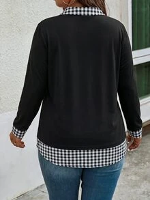SHEIN LUNE 女款新款秋冬格紋拼接休閒百搭大尺碼T恤 - 彩色 - 查看 2