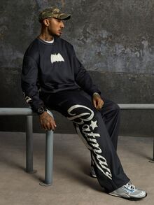 BATMAN X SHEIN Men's Crew Neck Long Sleeve Pullover Sweatshirt And Letter Print Contrast Color Long Pants Set - Black - View 6