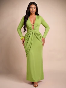 Brilight Sxy Maxi Bodycon Dress Front Knot Ruched Draped Slim Midi Dress For Cocktail Party Wedding Guest Dat - Green - View 4