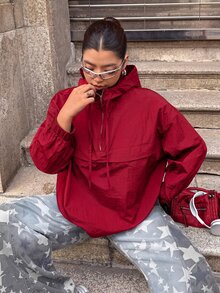 Muchica Plus Size Women's Solid Color Half-Zip Hooded Long Sleeve Jacket Autumn Club Office Red Smart Casual Sport - Red - View 7