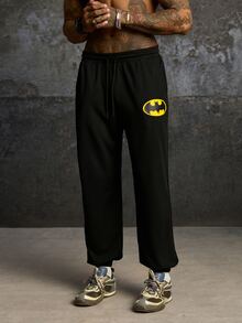 BATMAN X SHEIN Men's Drawstring Waist Pocket Casual Versatile Daily Travel Long Pants - Black - View 4