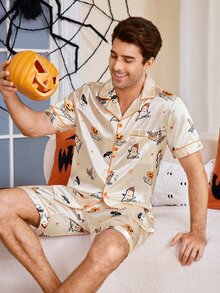 CoupledUp Cartoon Halloween Element Print Faux Silk Men's Pajama Set - Apricot - View 5