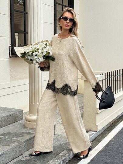 SHEIN Frenchy Set de 2 piese pentru femei, cămășă și pantaloni cu textură și patchwork din dantelă